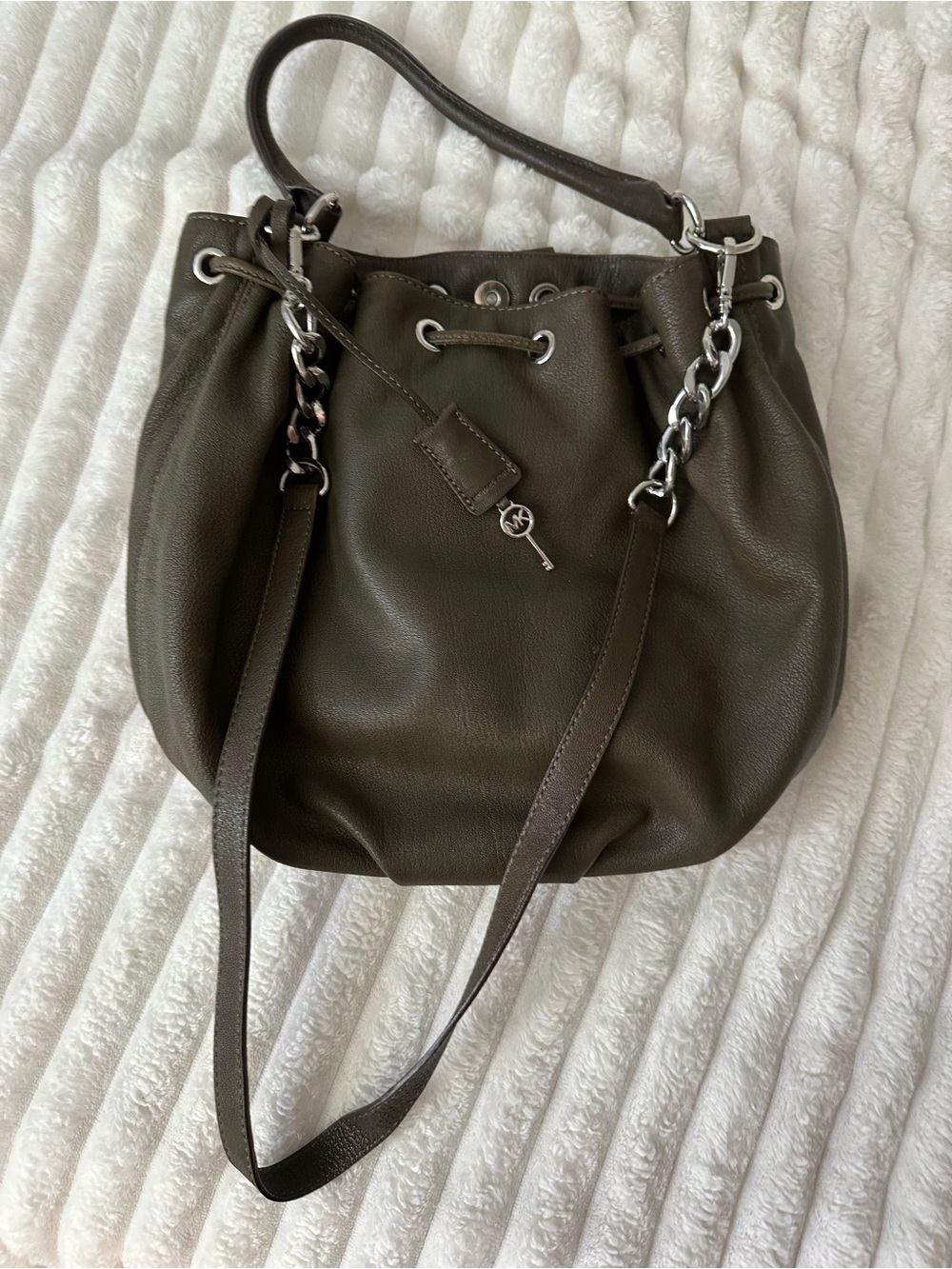 Michael Kors Olive Green Pebbled Leather Drawstring Crossbody